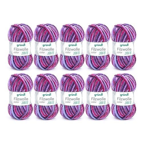 Gründl Filzwolle color, (OEKO-TEX zertifiziert, 100 % Schurwolle zum Filzen, 50 g / 50 m, Nadelstärke: 8 - 9, 10 Knäuel á 50 g), Fuchsia-Flieder-hellblau Multicolor, 31 x 32 x 6 cm von Gründl