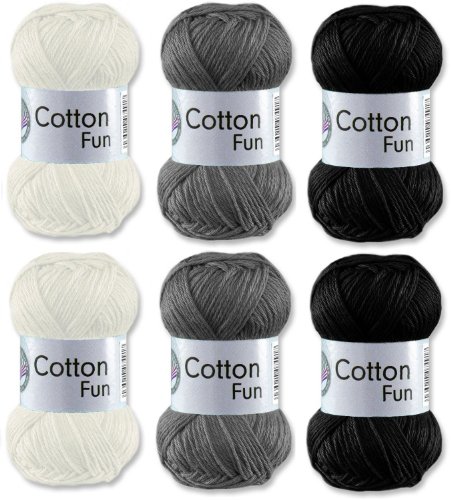 Gründl Cotton Fun Häkelgarn Schulgarn 100% Baumwolle SET 6 Schwarz, Grau, Weiß von Gründl