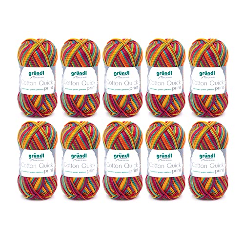 Gründl Wolle Cotton Quick print - dünne Wolle zum Häkeln mit Farbverlauf - Strickgarn - Glänzend und hautfreundlich - 100 % Baumwolle - 10 Knäuel 50 g / 125 m - Nadelstärke 3 - 4 - Carneval von Gründl