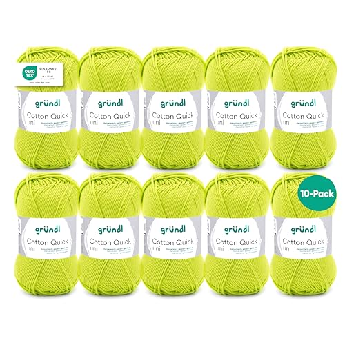 Gründl Cotton Quick Uni, Vorteilspack 10 Knäuel à 50 g (strapazierfähige Wolle, pflegeleichtes waschbares Garn aus 100 % Baumwolle, 50 g / 125 m, Nadelstärke: 3 - 4, 10 x 50 g), Hellgrün von Gründl