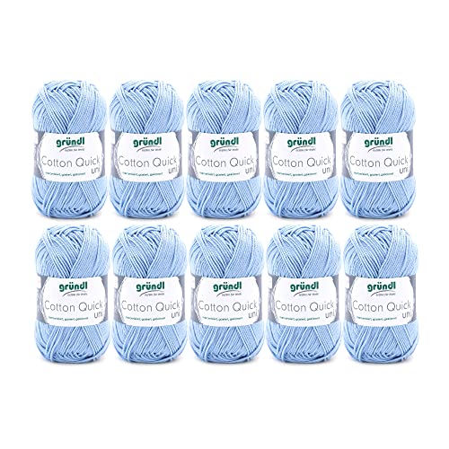Gründl Wolle Cotton Quick Uni - 10 x 50 g - Strickgarn - Häkelgarn - 100 % Baumwolle - Hautfreundlich & Pflegeleicht - Nadelstärke 3-4 - Himmelblau von Gründl