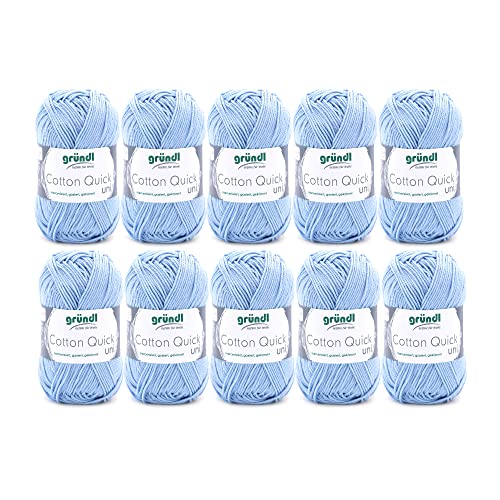 Gründl Cotton Quick Uni, Vorteilspack 10 Knäuel à 50 g (strapazierfähige Wolle, pflegeleichtes waschbares Garn aus 100 % Baumwolle, 50 g / 125 m, Nadelstärke: 3 - 4, 10 x 50 g), Himmelblau von Gründl