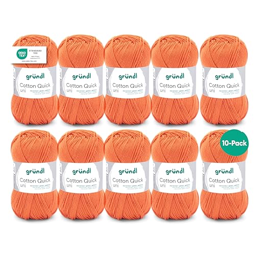 Gründl Wolle Cotton Quick uni - Wolle zum Häkeln aus 100 % Baumwolle - Wolle zum Stricken - glänzendes Baumwollgarn 10 Knäuel 50 g / 125 m - Orange 2 von Gründl