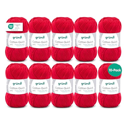 Gründl Wolle Cotton Quick uni - Wolle zum Häkeln aus 100 % Baumwolle - Wolle zum Stricken - glänzendes Baumwollgarn 10 Knäuel 50 g / 125 m - Rot von Gründl