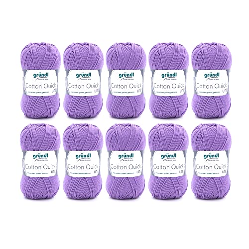 Gründl Wolle Cotton Quick uni - Wolle zum Häkeln aus 100 % Baumwolle - Wolle zum Stricken - glänzendes Baumwollgarn 10 Knäuel 50 g / 125 m - Lavendel von Gründl