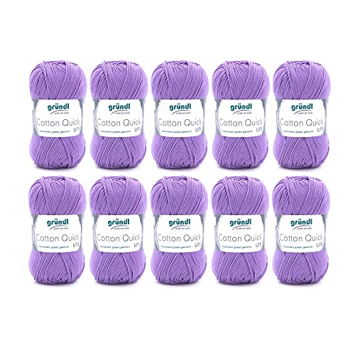 Gründl Cotton Quick Uni, Vorteilspack 10 Knäuel à 50 g (strapazierfähige Wolle, pflegeleichtes waschbares Garn aus 100 % Baumwolle, 50 g / 125 m, Nadelstärke: 3 - 4, 10 x 50 g), Lavendel von Gründl