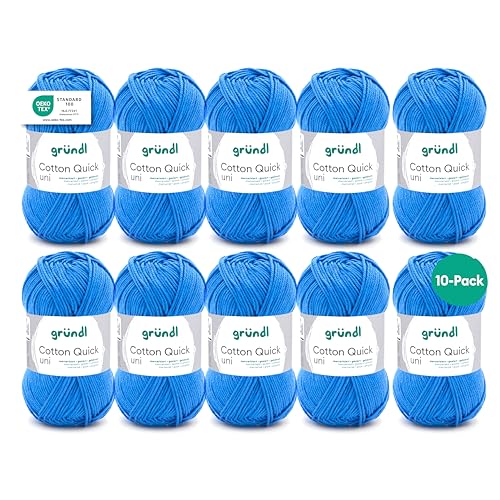Gründl Wolle Cotton Quick uni - Wolle zum Häkeln aus 100 % Baumwolle - Wolle zum Stricken - glänzendes Baumwollgarn 10 Knäuel 50 g / 125 m - Mittelblau von Gründl
