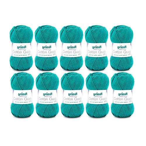 Gründl Wolle Cotton Quick Uni - 10 x 50 g - Strickgarn - Häkelgarn - 100 % Baumwolle - Hautfreundlich & Pflegeleicht - Nadelstärke 3-4 - Smaragdgrün von Gründl