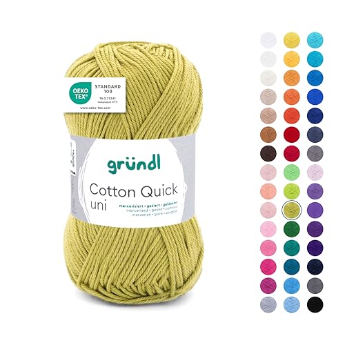 Gründl Cotton Quick Uni Strickgarn/Häkelgarn, 1 Knäuel à 50 g (farbenfrohes Garn aus 100% Baumwolle, OEKO-TEX zertifiziert, 50 g / 125 m, Nadelstärke: 3-4, 1 x 50 g), Hellolive von Gründl