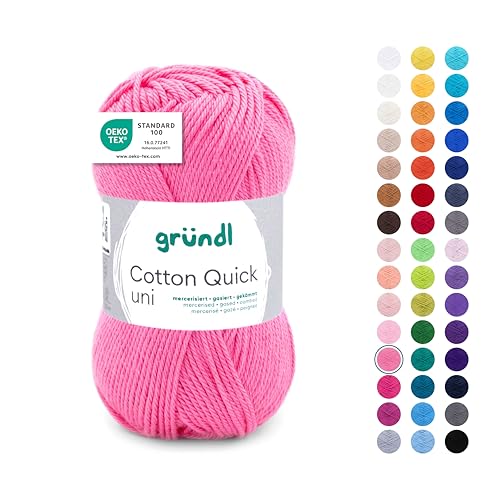 Gründl Cotton Quick Uni Strickgarn/Häkelgarn, 1 Knäuel à 50 g (farbenfrohes Garn aus 100% Baumwolle, OEKO-TEX zertifiziert, 50 g / 125 m, Nadelstärke: 3-4, 1 x 50 g), Himbeere von Gründl