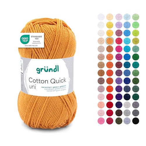 Gründl Wolle Cotton Quick uni - dünne Wolle zum Häkeln - Strickgarn - Häkelgarn - Glänzend und hautfreundlich - 100% Baumwolle - 1 Knäuel 50 g / 125 m - Nadelstärke 3-4 - Senf von Gründl