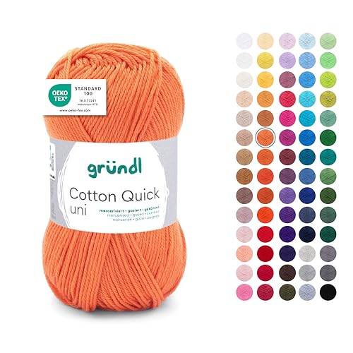 Gründl Wolle Cotton Quick uni - dünne Wolle zum Häkeln - Strickgarn - Häkelgarn - Glänzend und hautfreundlich - 100% Baumwolle - 1 Knäuel 50 g / 125 m - Nadelstärke 3-4 - Orange von Gründl