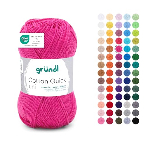 Gründl Wolle Cotton Quick uni - dünne Wolle zum Häkeln - Strickgarn - Häkelgarn - Glänzend und hautfreundlich - 100 % Baumwolle - 1 Knäuel 50 g / 125 m - Nadelstärke 3 - 4 - Pink von Gründl