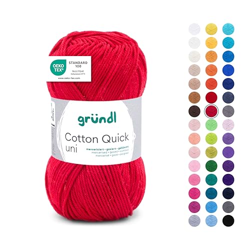Gründl Wolle Cotton Quick uni - Wolle zum Häkeln aus 100 % Baumwolle - Wolle zum Stricken - glänzendes Baumwollgarn 1 Knäuel 50 g / 125 m - Rot von Gründl