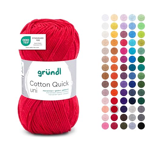 Gründl Wolle Cotton Quick uni - Wolle zum Häkeln aus 100 % Baumwolle - Wolle zum Stricken - glänzendes Baumwollgarn 1 Knäuel 50 g / 125 m - Rot von Gründl