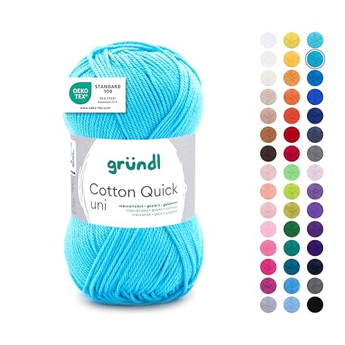 Gründl Wolle Cotton Quick uni - Wolle zum Häkeln aus 100 % Baumwolle - Wolle zum Stricken - glänzendes Baumwollgarn 1 Knäuel 50 g / 125 m - Wasserblau von Gründl