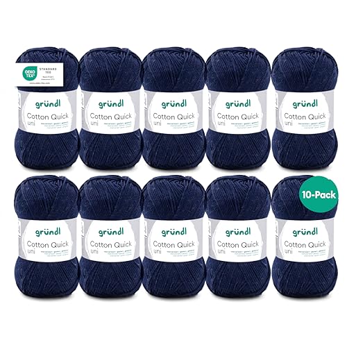 Gründl Wolle Cotton Quick uni - Wolle zum Häkeln aus 100 % Baumwolle - Wolle zum Stricken - glänzendes Baumwollgarn 10 Knäuel 50 g / 125 m - Dunkelblau von Gründl