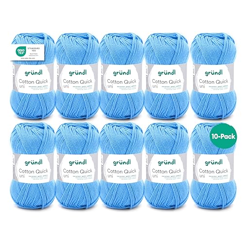 Gründl Cotton Quick Uni Strickgarn/Häkelgarn, 10 Knäuel à 50 g (farbenfrohes Garn aus 100% Baumwolle, OEKO-TEX zertifiziert, 50 g / 125 m, Nadelstärke: 3-4, 10x50 g), Hellblau, 29x12x7 cm (865-127) von Gründl