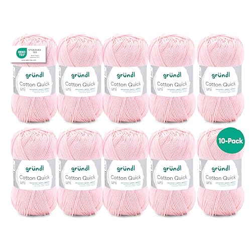 Gründl Wolle Cotton Quick uni - Wolle zum Häkeln aus 100 % Baumwolle - Wolle zum Stricken - glänzendes Baumwollgarn 10 Knäuel 50 g / 125 m - Hellrosa von Gründl