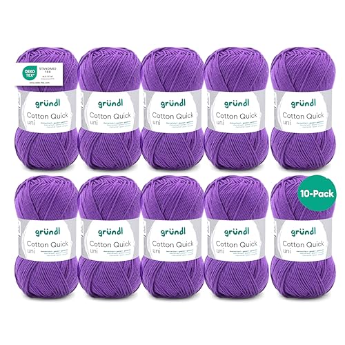 Gründl Wolle Cotton Quick uni - Wolle zum Häkeln aus 100 % Baumwolle - Wolle zum Stricken - glänzendes Baumwollgarn 10 Knäuel 50 g / 125 m - Violett von Gründl