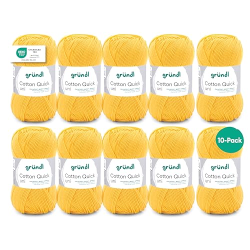 Gründl Wolle Cotton Quick uni - Wolle zum Häkeln aus 100 % Baumwolle - Wolle zum Stricken - glänzendes Baumwollgarn 10 Knäuel 50 g / 125 m - Maisgelb von Gründl