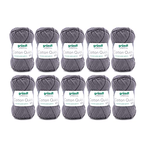 Gründl Wolle Cotton Quick Uni - 10 x 50 g - Strickgarn - Häkelgarn - 100 % Baumwolle - Hautfreundlich & Pflegeleicht - Nadelstärke 3-4 - Mausgrau von Gründl