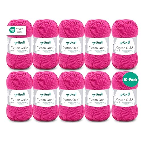 Gründl Wolle Cotton Quick uni - Wolle zum Häkeln aus 100 % Baumwolle - Wolle zum Stricken - glänzendes Baumwollgarn 10 Knäuel 50 g / 125 m - Pink von Gründl