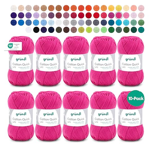 Gründl Wolle Cotton Quick uni - dünne Wolle zum Häkeln - Strickgarn - Häkelgarn - Glänzend und hautfreundlich - 100 % Baumwolle - 10 Knäuel 50 g / 125 m - Nadelstärke 3- 4 - Pink von Gründl