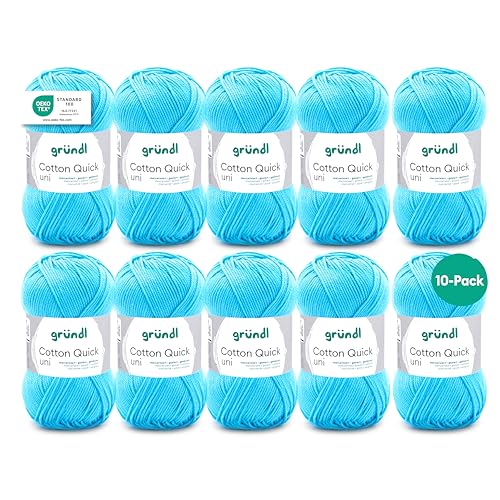 Gründl Wolle Cotton Quick uni - Wolle zum Häkeln aus 100 % Baumwolle - Wolle zum Stricken - glänzendes Baumwollgarn 10 Knäuel 50 g / 125 m - Wasserblau von Gründl