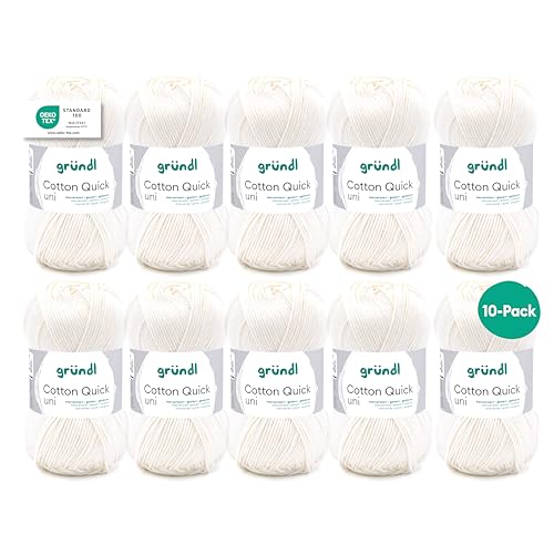 Gründl Wolle Cotton Quick uni - Wolle zum Häkeln aus 100 % Baumwolle - Wolle zum Stricken - glänzendes Baumwollgarn 10 Knäuel 50 g / 125 m - Wollweiß von Gründl