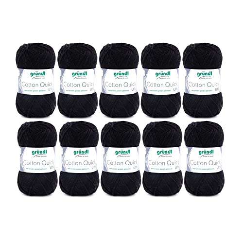 Gründl Wolle Cotton Quick Uni - 10 x 50 g - Strickgarn - Häkelgarn - 100 % Baumwolle - Hautfreundlich & Pflegeleicht - Nadelstärke 3-4 - Schwarz von Gründl