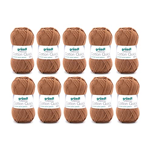 Gründl Wolle Cotton Quick Uni - 10 x 50 g - Strickgarn - Häkelgarn - 100 % Baumwolle - Hautfreundlich & Pflegeleicht - Nadelstärke 3-4 - Karamell von Gründl