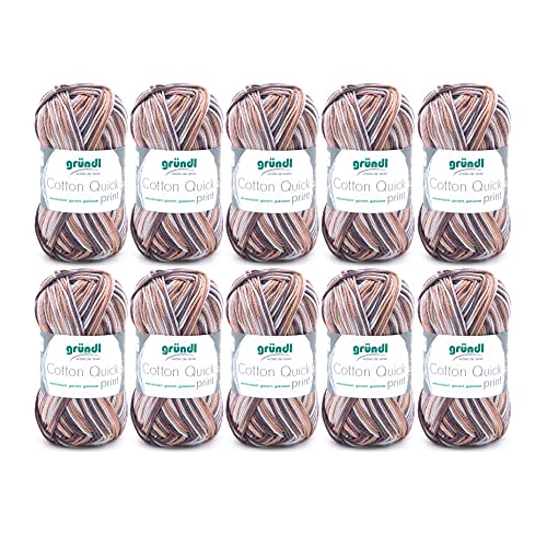 Gründl Wolle Cotton Quick print - dünne Wolle zum Häkeln mit Farbverlauf - Strickgarn - Glänzend und hautfreundlich - 100 % Baumwolle - 10 Knäuel 50 g / 125 m - Nadelstärke 3 - 4 - Braun von Gründl