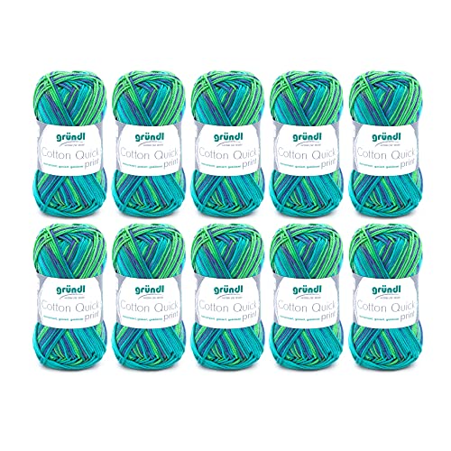 Gründl Cotton Quick Print Strickgarn / Häkelgarn (farbenfrohes Garn aus 100% Baumwolle, OEKO-TEX zertifiziert, 50 g / 125 m, Nadelstärke: 3 - 4, 10 x 50 g), Grün multicolor von Gründl