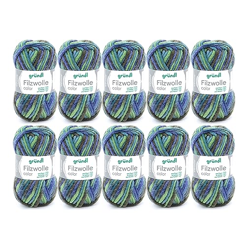 Gründl Filzwolle color, (OEKO-TEX zertifiziert, 100 % Schurwolle zum Filzen, 50 g / 50 m, Nadelstärke: 8 - 9, 10 Knäuel á 50 g), grün-marine multicolor, 31 x 32 x 6 cm von Gründl