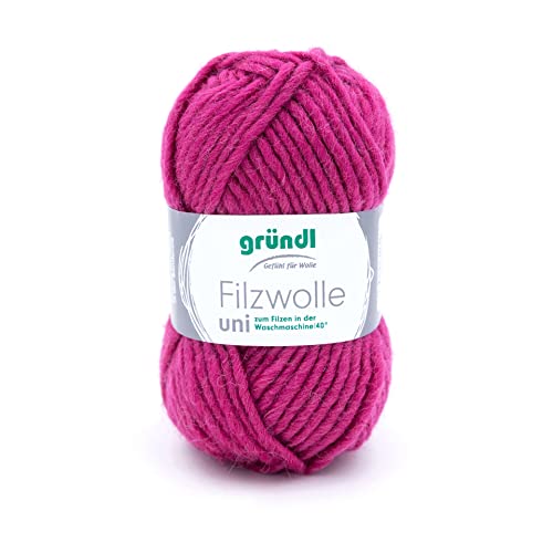 Gründl Filzwolle uni (Wolle zum Filzen, Stricken und Häkeln, Garn aus 100% Schurwolle, 50 g / 50 m, Nadelstärke: 8-9, 1 x 50 g), Fuchsia von Gründl