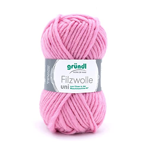 Gründl Filzwolle uni (Wolle zum Filzen, Stricken und Häkeln, Garn aus 100% Schurwolle, 50 g / 50 m, Nadelstärke: 8-9, 1 x 50 g), Rosa von Gründl