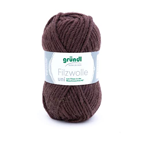 Gründl Filzwolle uni (Wolle zum Filzen, Stricken und Häkeln, Garn aus 100% Schurwolle, 50 g / 50 m, Nadelstärke: 8-9, 1 x 50 g), Schokolade von Gründl