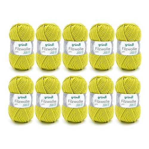 Gründl Filzwolle uni (Wolle zum Filzen, Stricken und Häkeln, Garn aus 100 % Schurwolle, 50 g / 50 m, Nadelstärke: 8 - 9, 10 x 50 g), Limette, 31 x 32 x 7.5 cm von Gründl