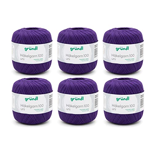 Gründl Wolle Häkelgarn 100 aus 100 % Baumwolle, 6 x 100 g Knäuel, Nadelstärke 1,5 - 2, 6, 100 g / 566 m, dünnes Garn zum Häkeln, Baumwollgarn, lila von Gründl