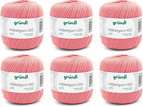 Gründl Häkelgarn 100 Uni (mercerisiertes Baumwollgarn zum Häkeln aus 100% Baumwolle, 100 g / 566 m, Nadelstärke: 1,5-2, 6 x 100 g), Lachs, 30 x 21 x 11 cm von Gründl