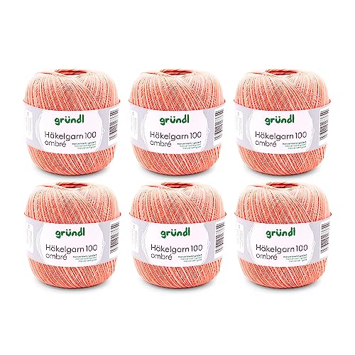 Gründl Häkelgarn 100 ombré (mercerisiertes Baumwollgarn zum Häkeln aus 100 % Baumwolle, 100 g / 566 m, Nadelstärke: 1,5 - 2, 6 x 100 g), Orange, 30 x 21 x 11 cm von Gründl