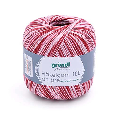 Gründl Häkelgarn 100 ombré (mercerisiertes Baumwollgarn zum Häkeln aus 100% Baumwolle, 100 g / 566 m), weinrot-weiß von Gründl