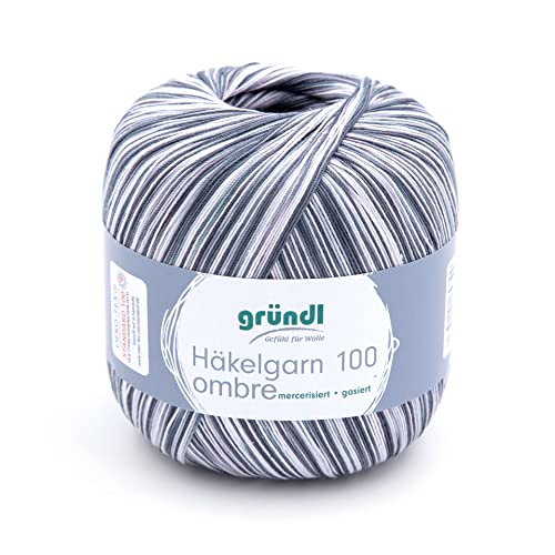 Gründl Häkelgarn 100 ombré (mercerisiertes Baumwollgarn zum Häkeln aus 100% Baumwolle, 100 g / 566 m, Nadelstärke: 1,5-2, 1 x 100 g), grau-weiß von Gründl