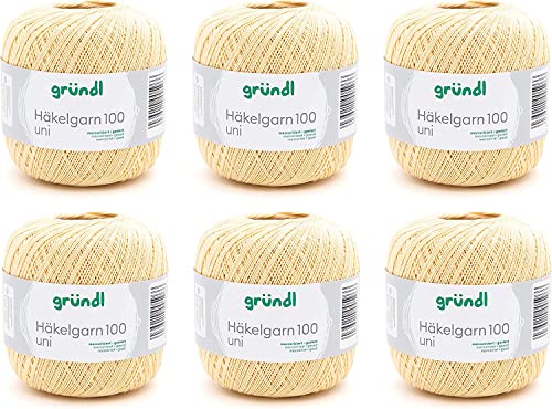 Gründl Häkelgarn 100 uni (mercerisiertes Baumwollgarn zum Häkeln aus 100 % Baumwolle, 100 g / 566 m, Nadelstärke: 1,5 - 2, 6 x 100 g), Pastellgelb von Gründl