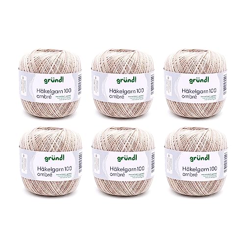 Gründl Häkelgarn 100 uni (mercerisiertes Baumwollgarn zum Häkeln aus 100% Baumwolle, 100 g / 566 m, Nadelstärke: 1,5-2, 6 x 100 g), beige-grau von Gründl