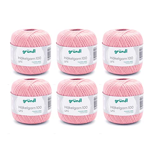 Gründl Wolle Häkelngarn 100 - dünne sommerliche Wolle zum Häkeln - Glänzend und waschbar - Baumwollgarn - 100 % Baumwolle - 6 Knäuel 100 g / 566 m - Nadelstärke 1,5 - 2, helles lachs von Gründl