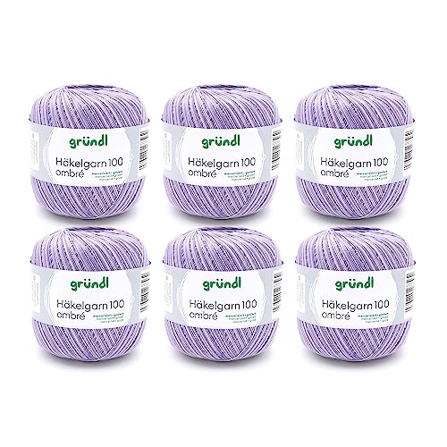 Gründl Häkelgarn 100 ombré (mercerisiertes Baumwollgarn zum Häkeln aus 100 % Baumwolle, 100 g / 566 m, Nadelstärke: 1,5 - 2, 6 x 100 g), Lavendel von Gründl