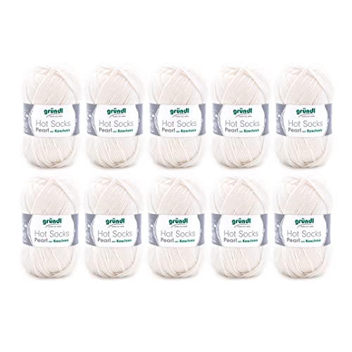 Gründl Hot Socks Pearl uni Strickwolle (kuschelig weiche Sockenwolle aus 75 % Merinowolle, 20 % Polyamid, 5 % Kaschmir, 50 g / 200 m, Nadelstärke: 2,5 - 3, 10 x 50 g), Creme, 40 x 37 x 11 cm von Gründl