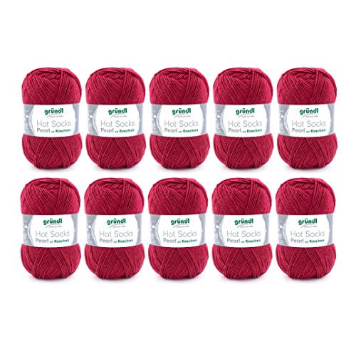 Gründl Hot Socks Pearl uni Strickwolle (kuschelig weiche Sockenwolle aus 75 % Merinowolle, 20 % Polyamid, 5 % Kaschmir, 50 g / 200 m, Nadelstärke: 2,5 - 3, 10 x 50 g), Kirsche, 40 x 37 x 11 cm von Gründl